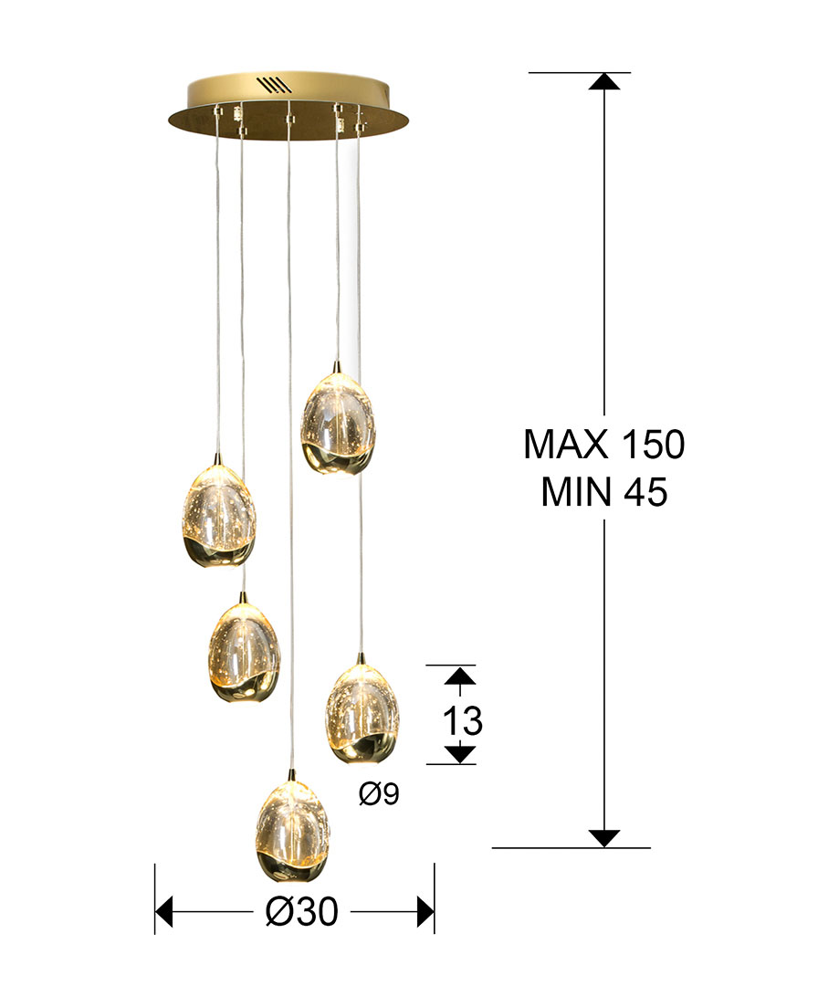 Medidas Lampara Diámetro 30 Rocio 5 Led Oro